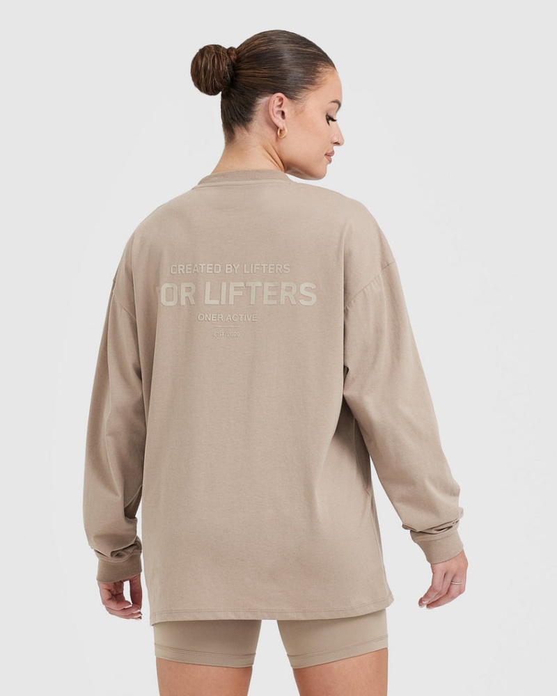 Oner Active Klassieke Lifters Grafische Oversized Lichtgewicht Long Sleeve T-shirts Grijs | OXC-928035