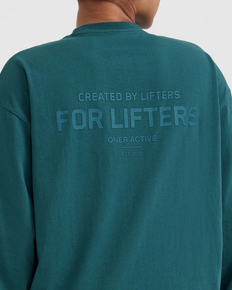 Oner Active Klassieke Lifters Grafische Oversized Lichtgewicht Long Sleeve T-shirts Blauw Turquoise | VDC-917024