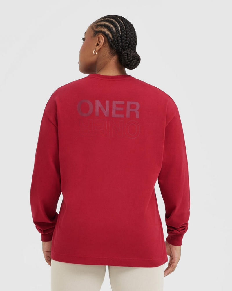 Oner Active Klassieke Mirror Grafische Oversized Long Sleeve T-shirts Rood Bordeaux | SXZ-618973