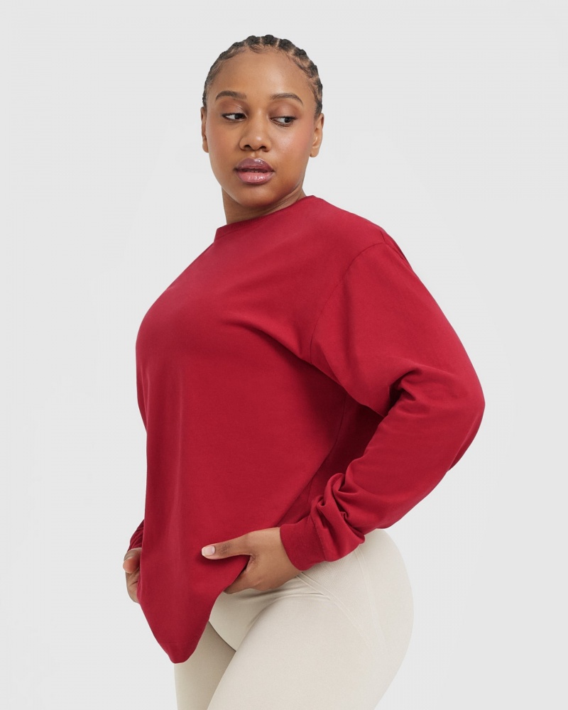 Oner Active Klassieke Mirror Grafische Oversized Long Sleeve T-shirts Rood Bordeaux | SXZ-618973